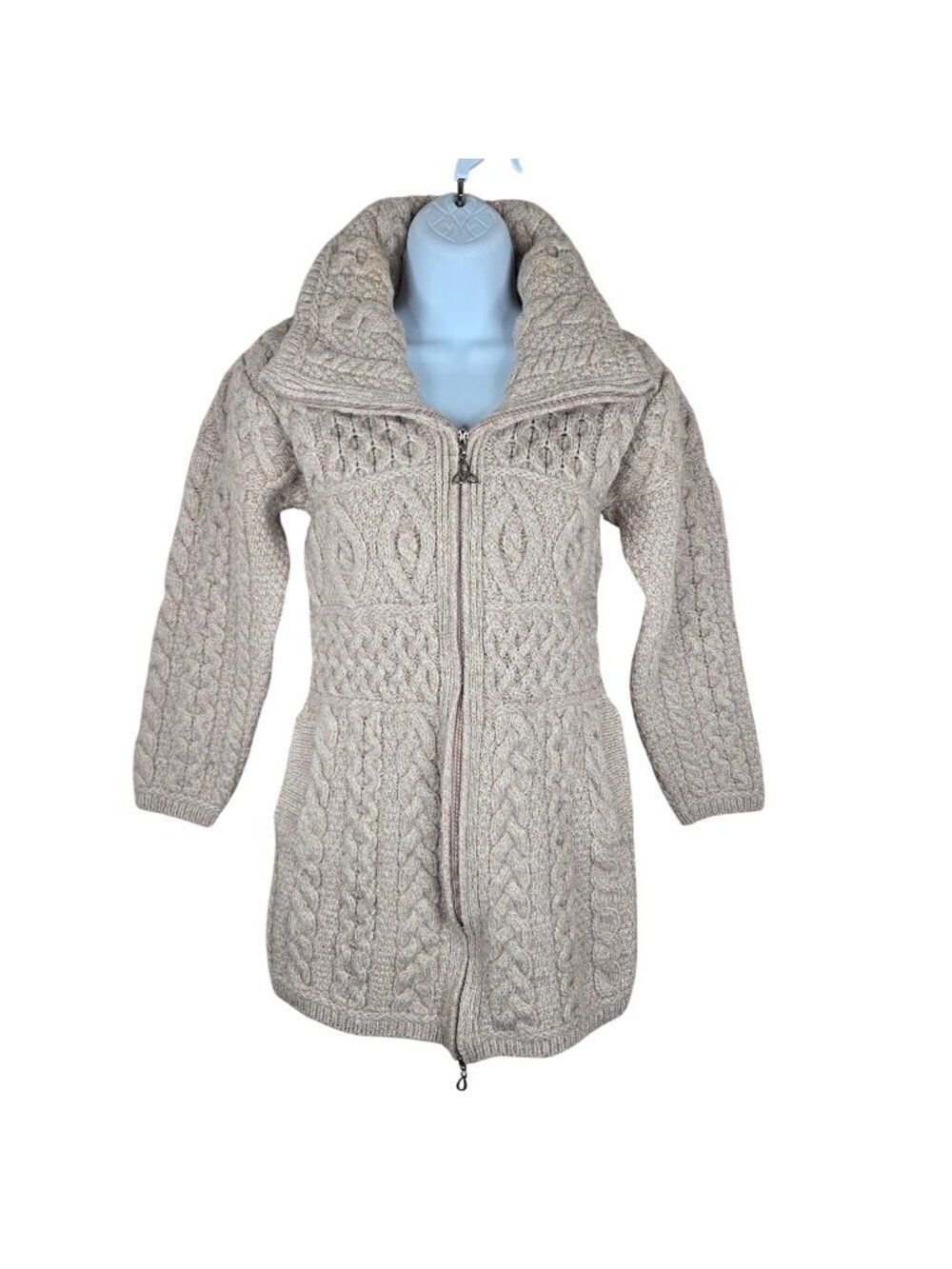 Aran Crafts Double Collar Cardigan Coat Beige Womens S Cable Knit Merino Wool Zi